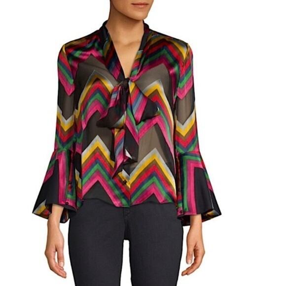 Alice and Olivia Meredith Sheer Multi Blouse Tie Neck Bell Sleeve Size Small